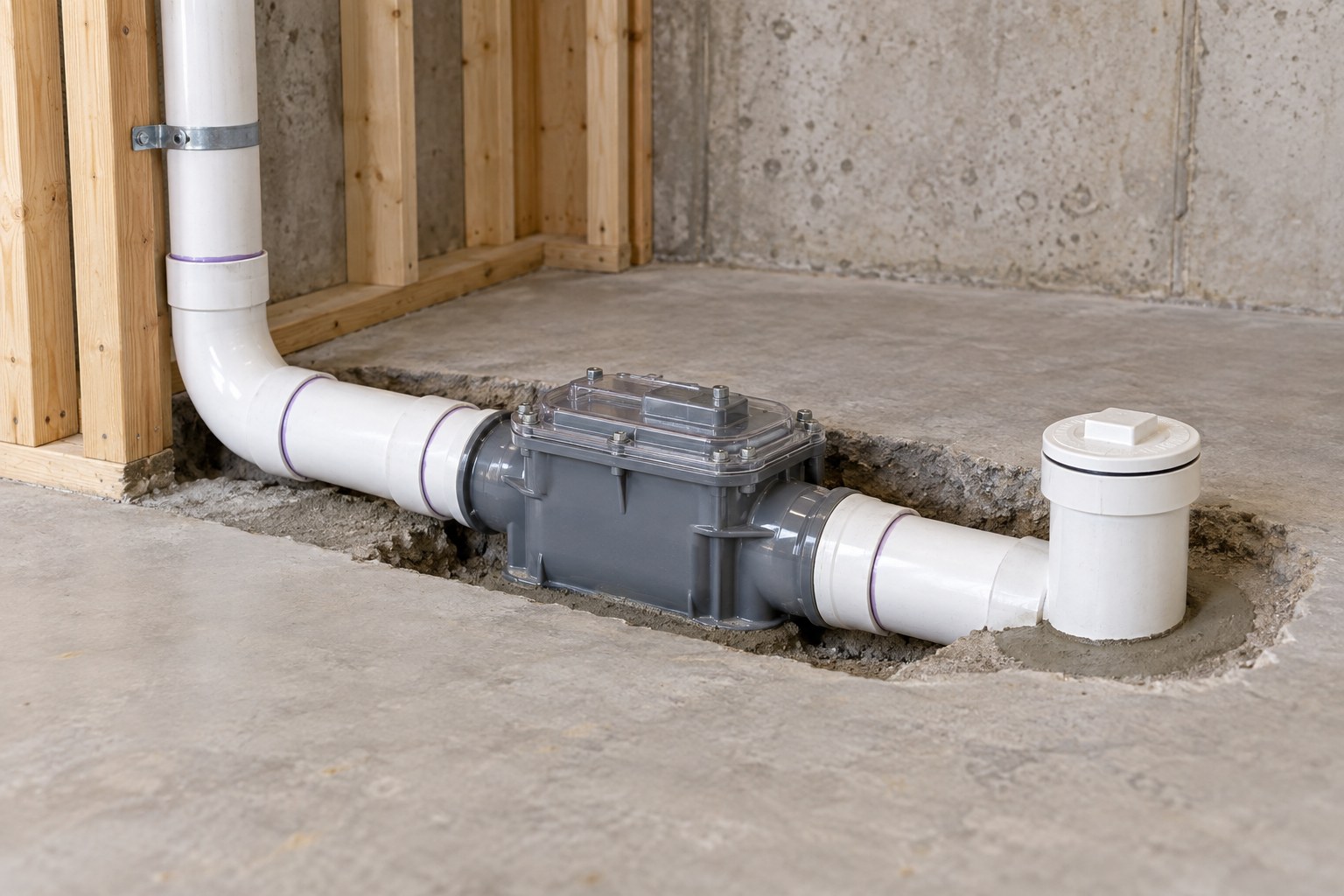 Illustrative newly installed backwater valve in a basement floor