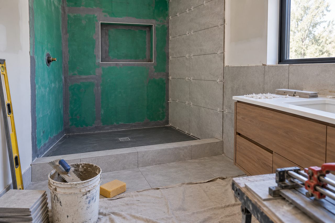 Bathroom renovation in progress with shower waterproofing and vanity