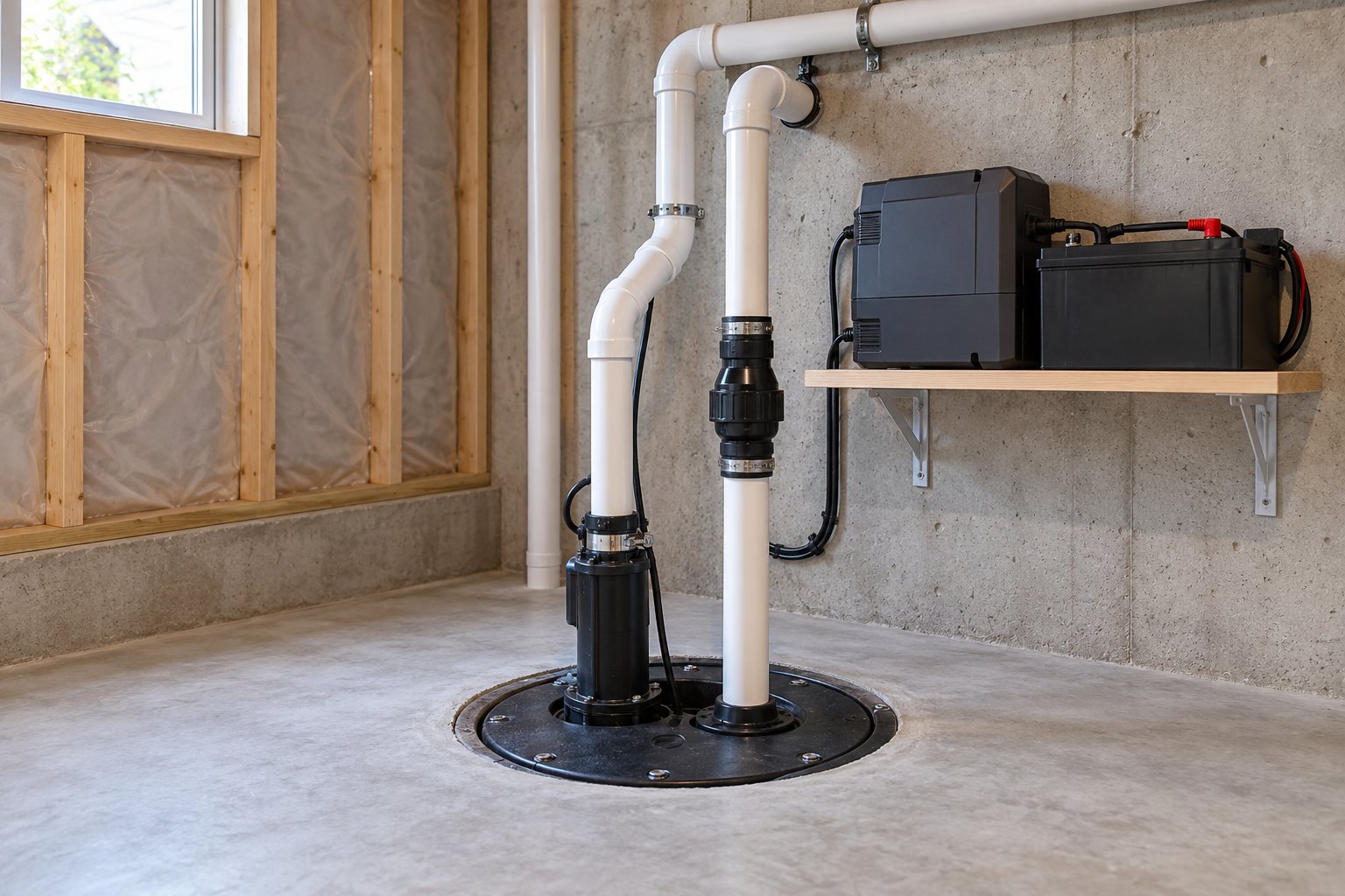 Illustrative battery backup sump pump system in a basement