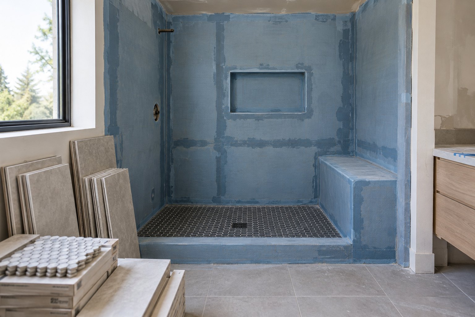 Illustrative custom shower waterproofing with a bench and niche