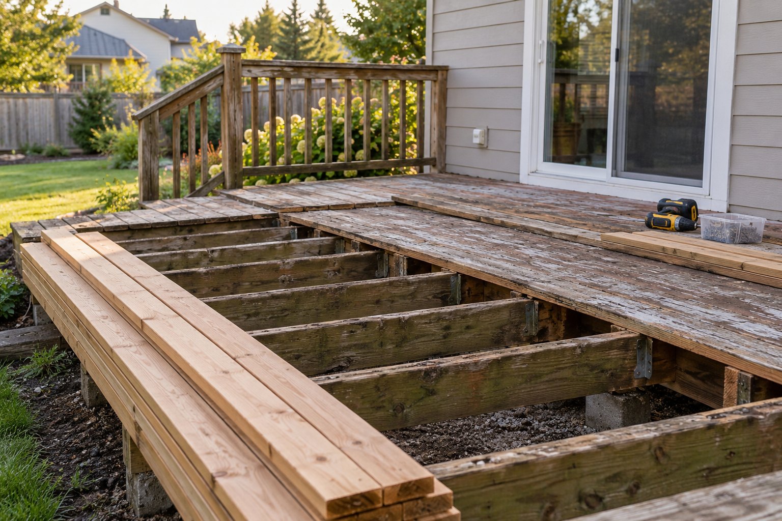 Illustrative deck repair with exposed framing and replacement boards
