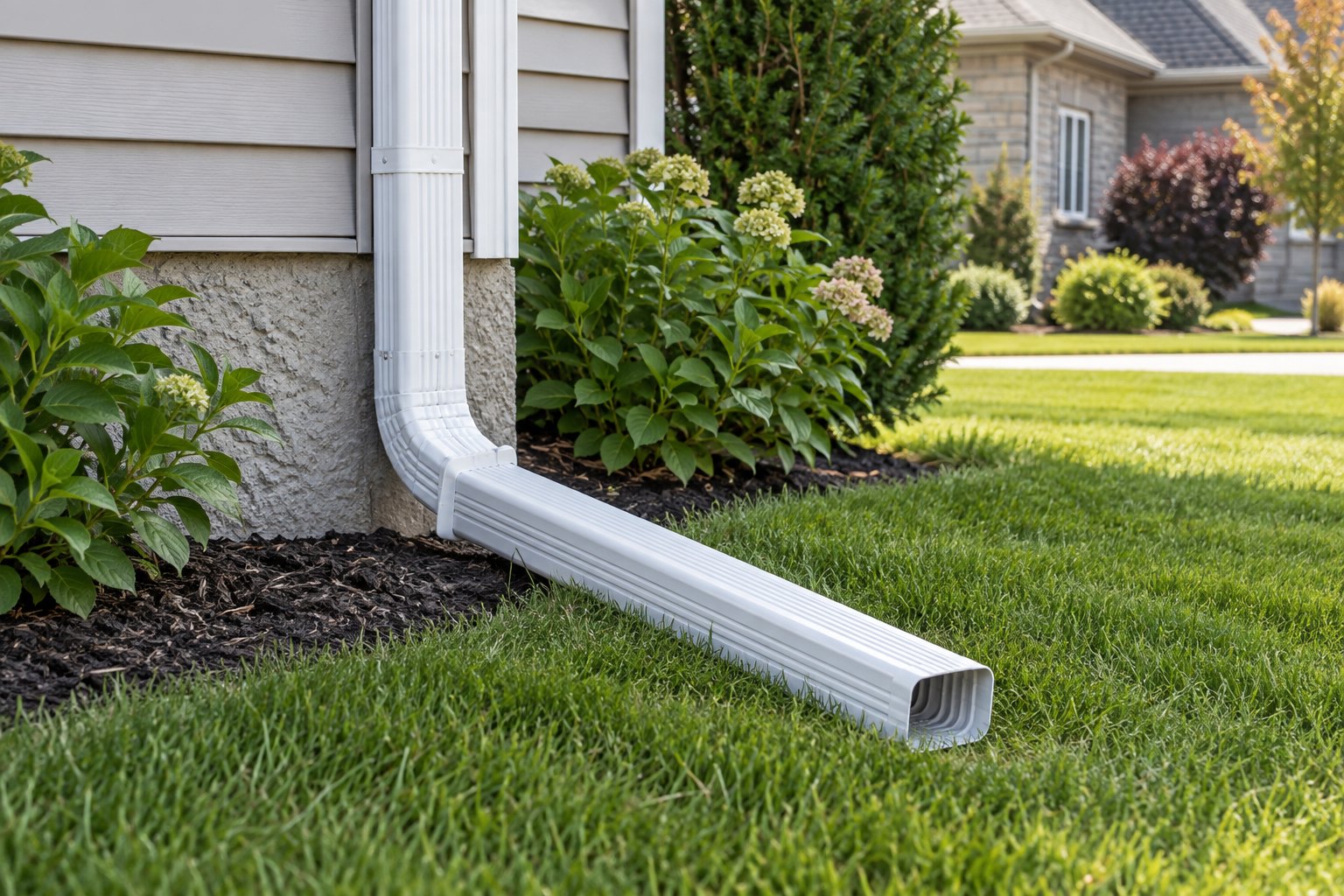 Illustrative downspout extension carrying water across a lawn