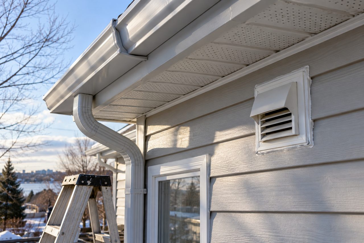 Illustrative residential eavestrough and roof edge