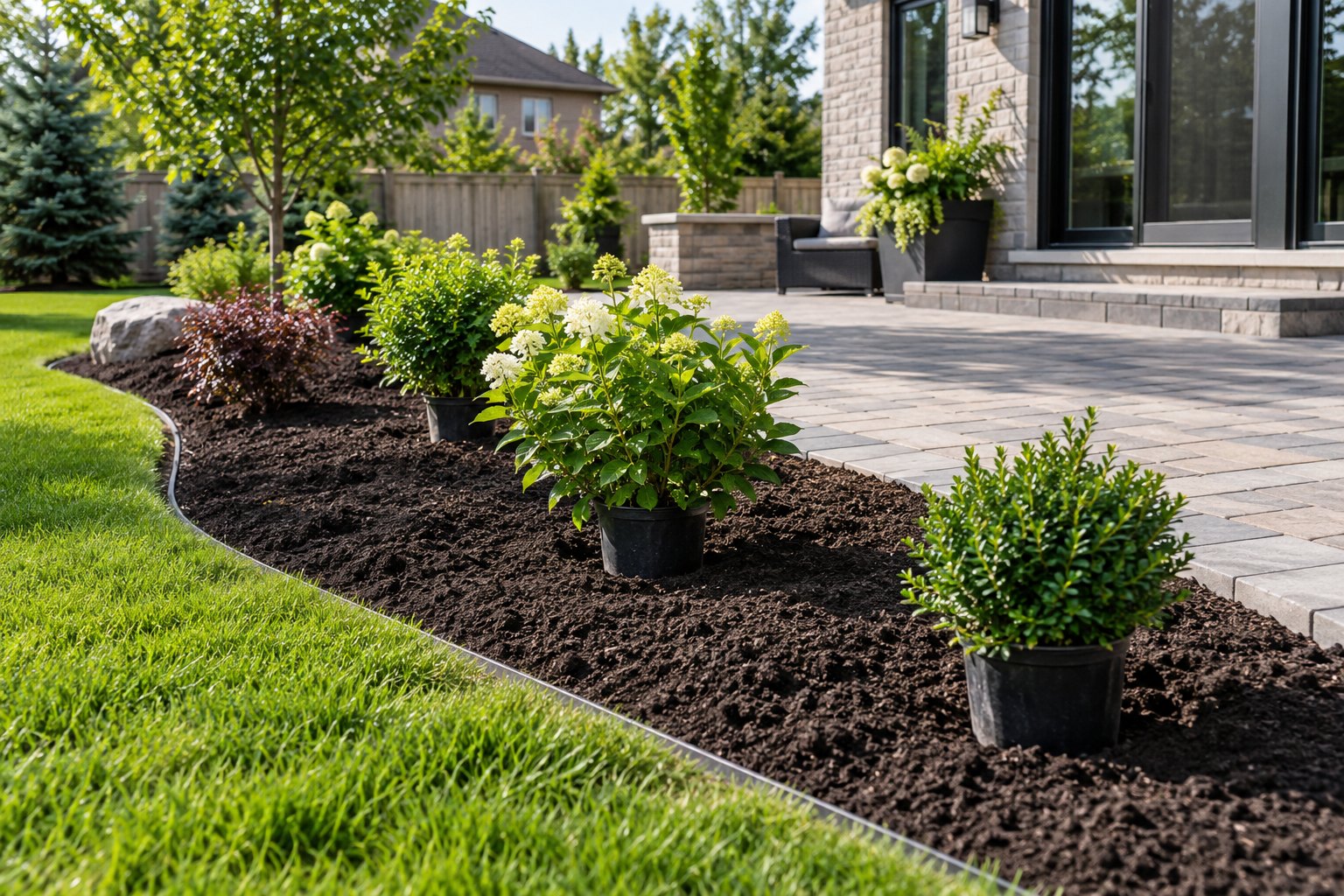 Illustrative garden bed with fresh soil beside an interlock patio