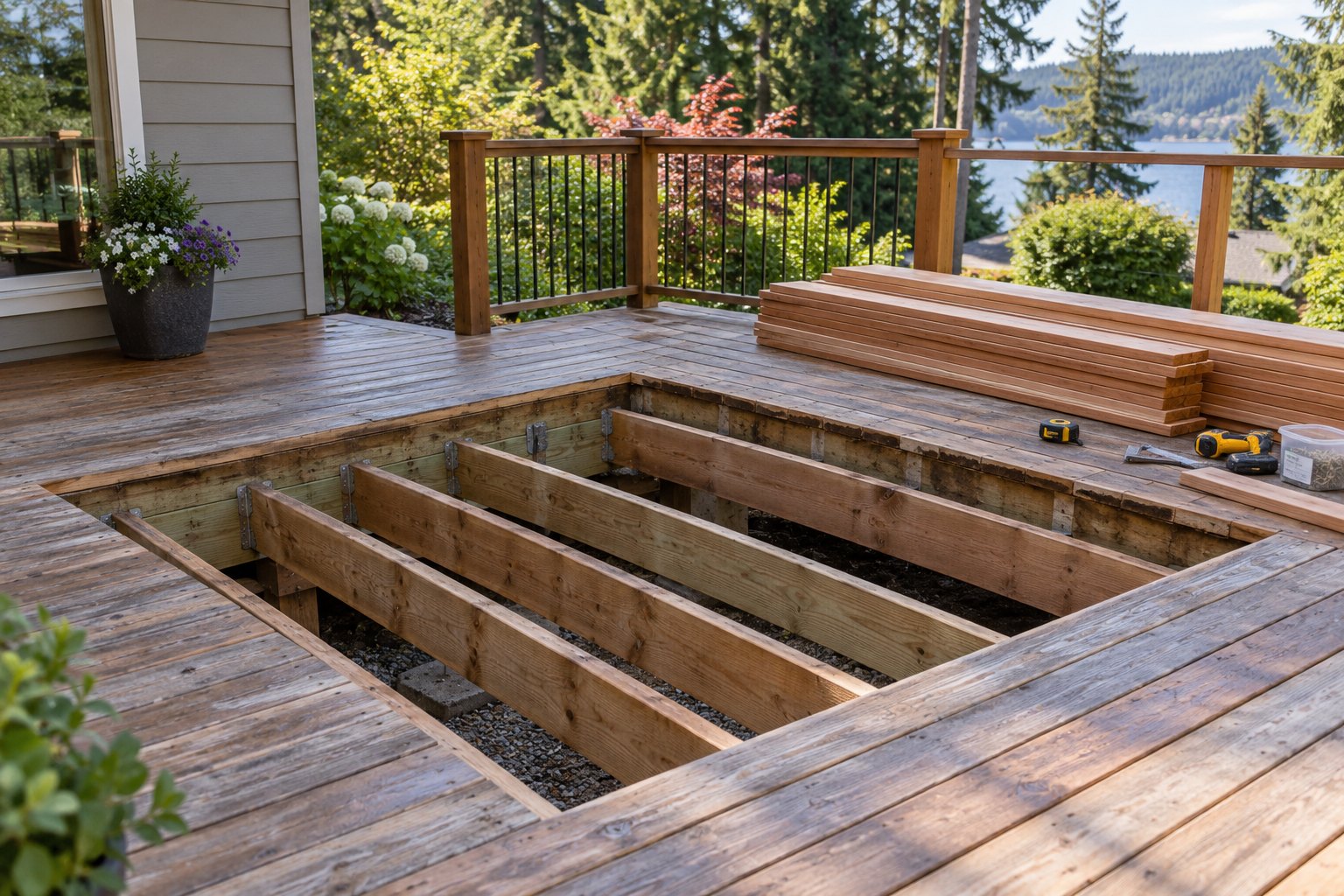 Illustrative deck framing prepared for infill after hot tub removal