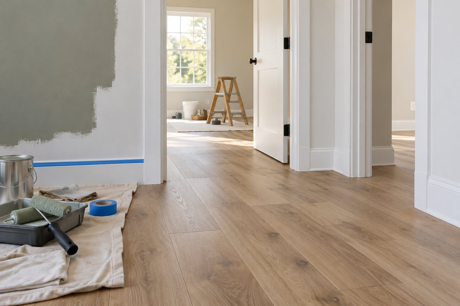 New plank flooring installed in a renovated room