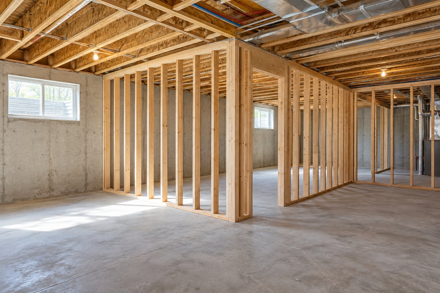 Illustrative new wood stud walls in an unfinished basement