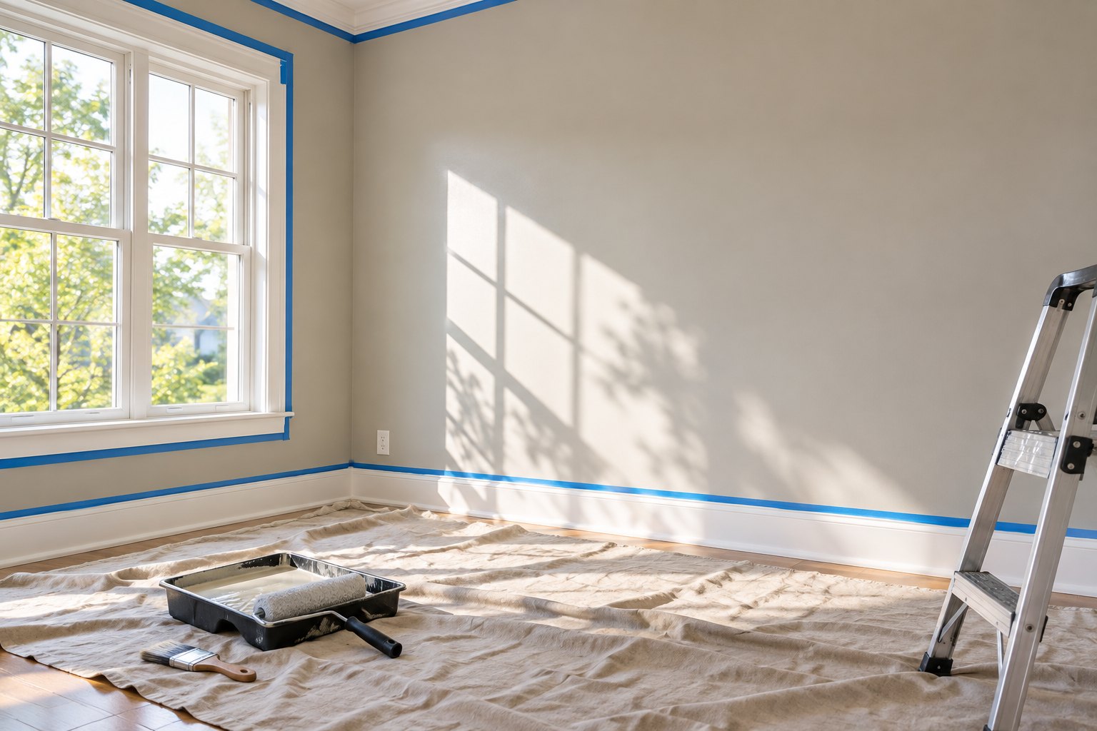 Illustrative interior room prepared for painting