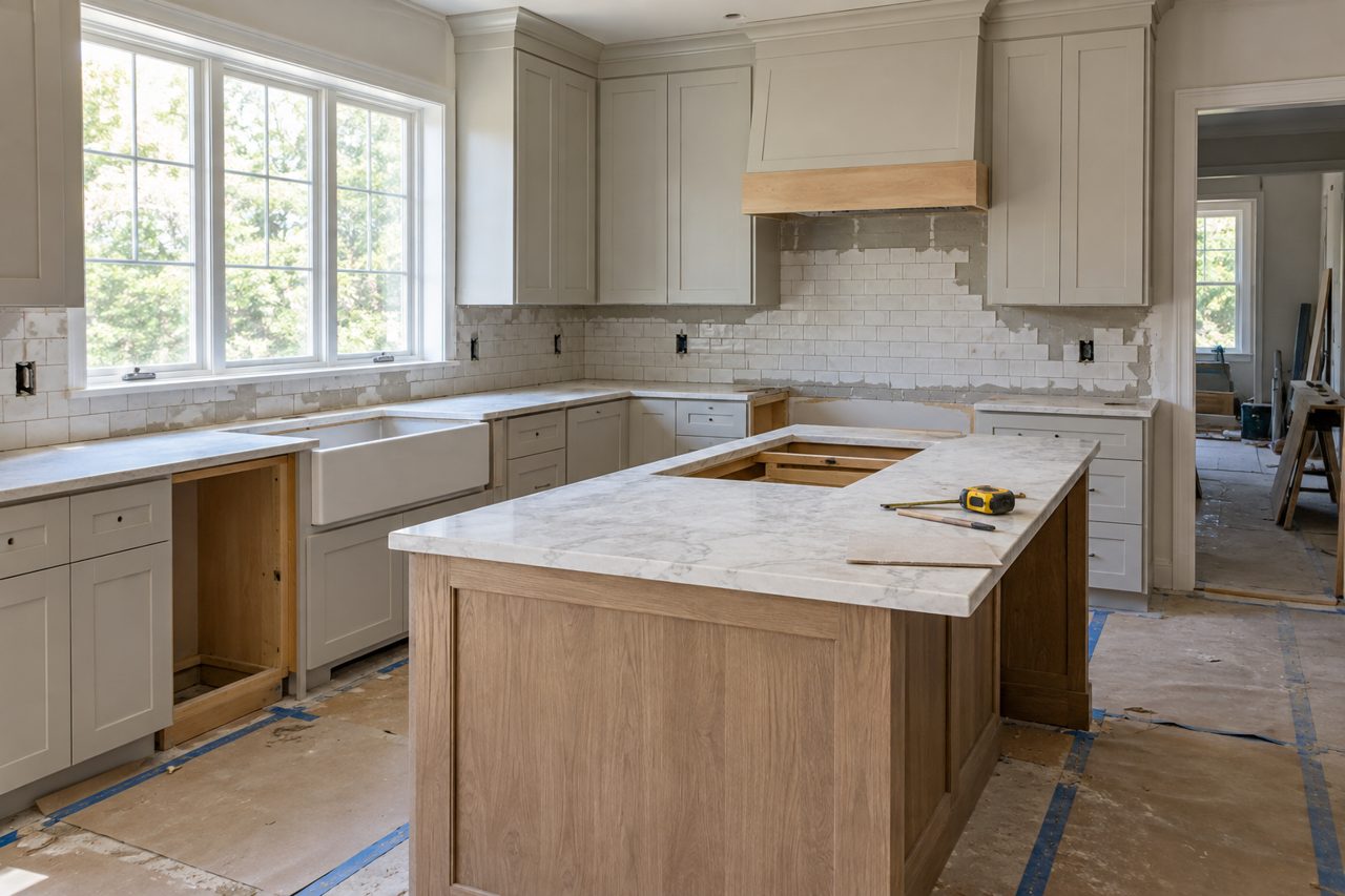Kitchen renovation in progress with cabinetry and island