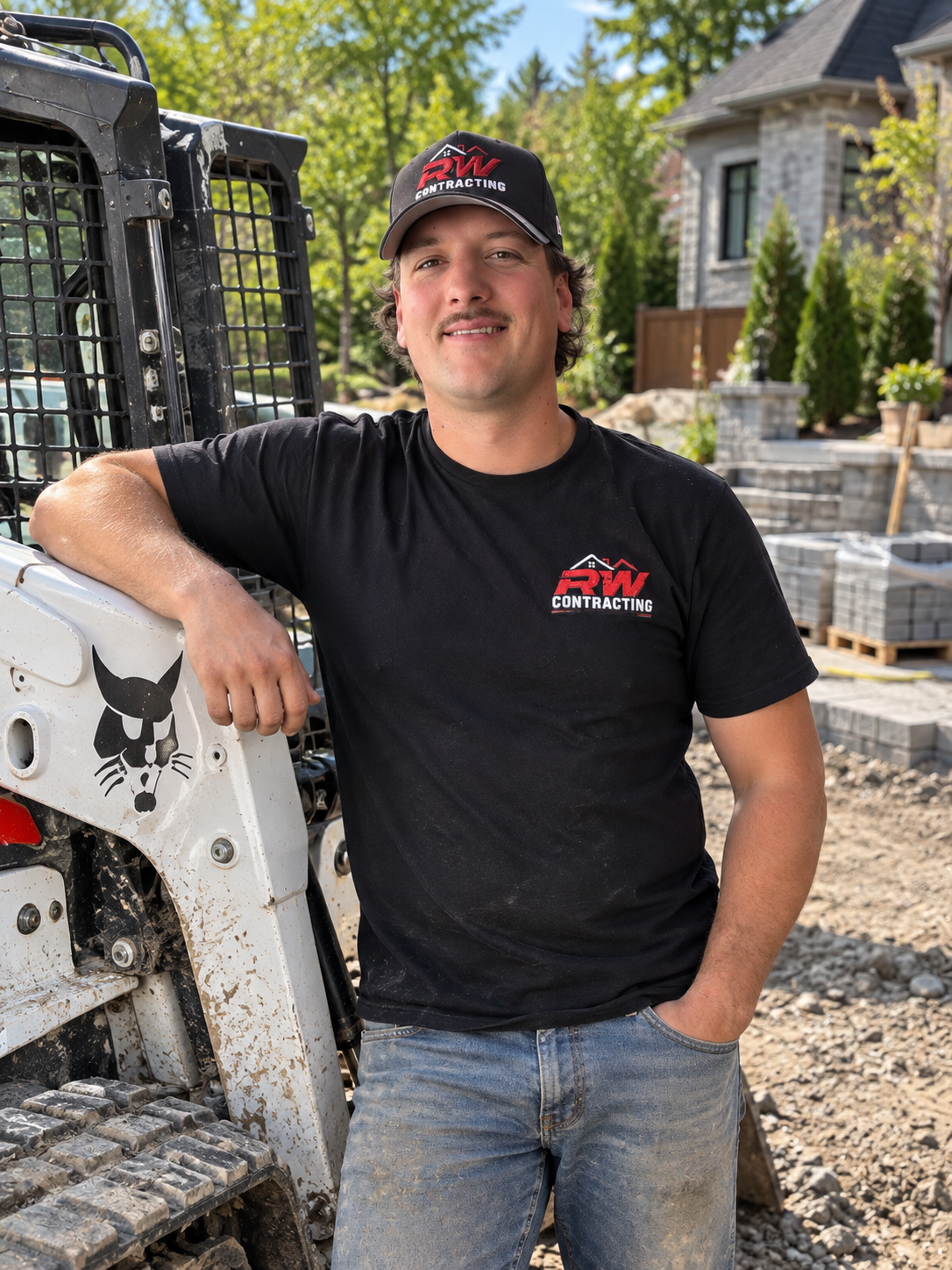 Riley of RW Contracting beside a compact loader at a residential worksite