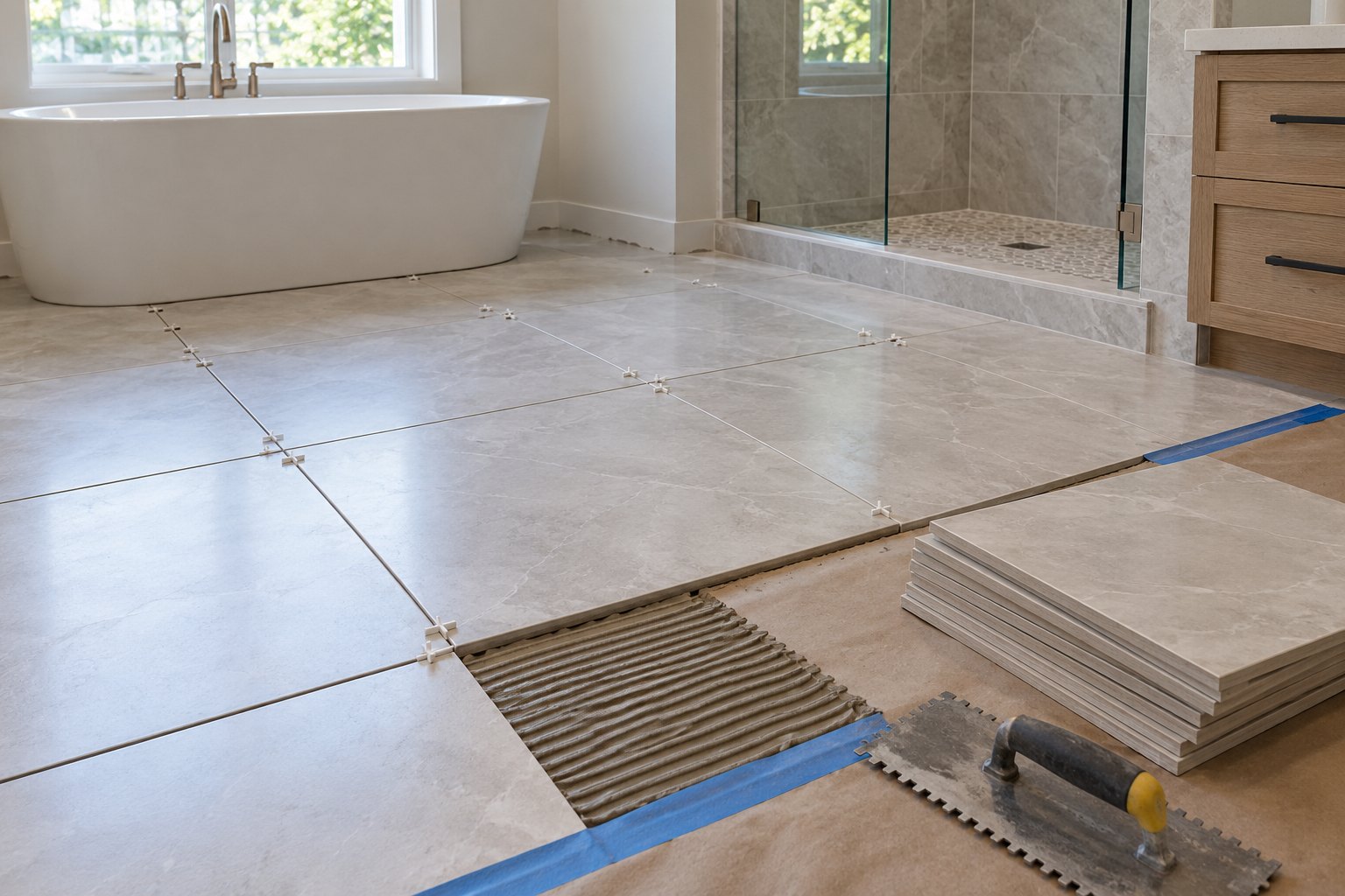 Illustrative porcelain floor tile installation in progress