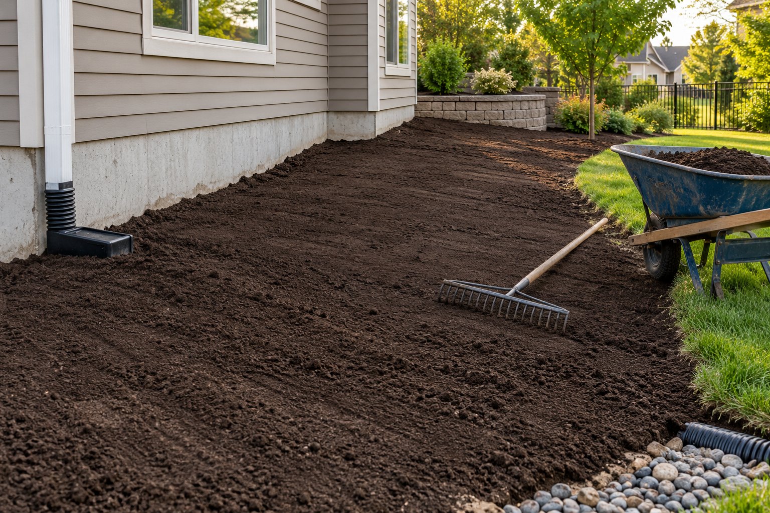 Illustrative freshly graded topsoil beside a house